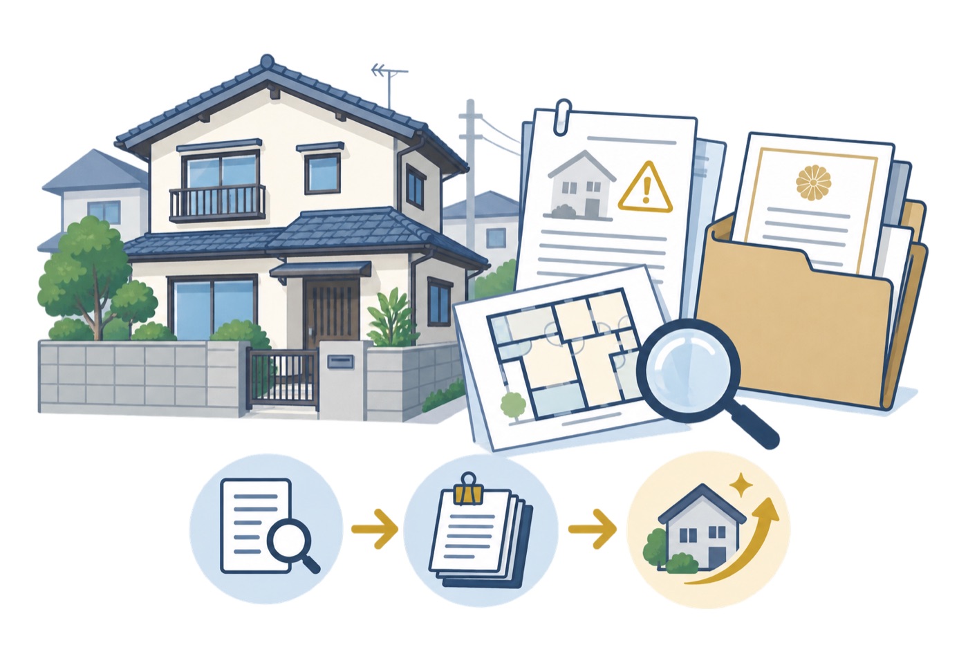 文の里で買取を断られやすい物件と、それでも動かせる順序のイラスト - 空き家のミカタ