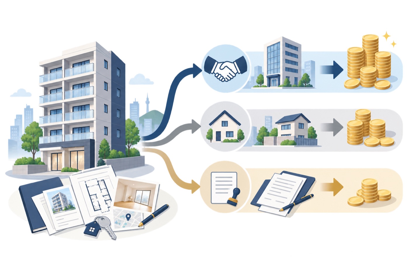 福島区のワンルームマンション売却は、3つの選択肢で手残りが変わりますのイラスト - 空き家のミカタ