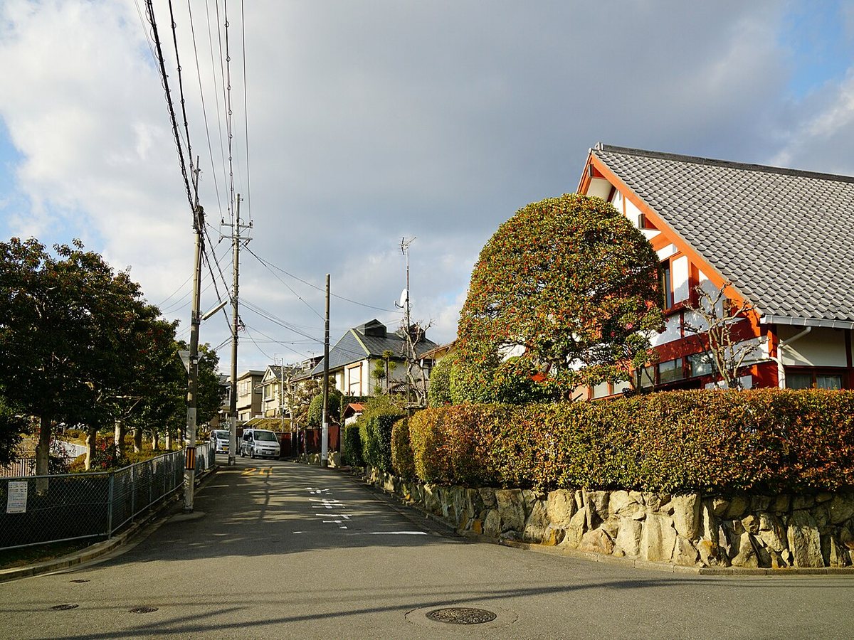 大阪府内の閑静な住宅街。生垣に囲まれた戸建てが並び、道路沿いに電柱が続く昼下がりの風景