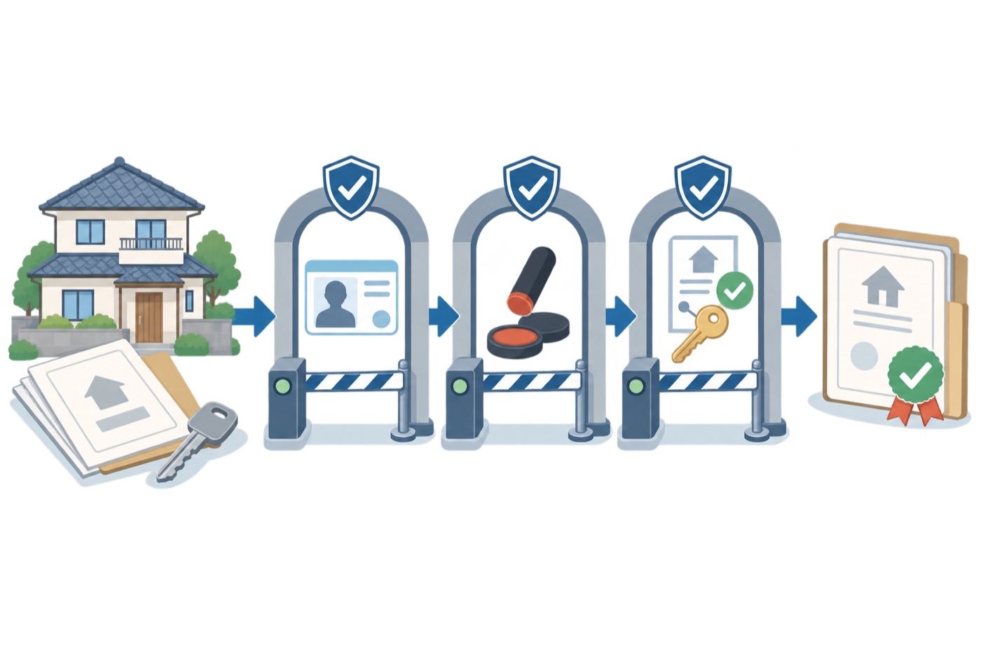 名義人以外が売れない理由｜登記には本人確認の関門が3つありますのイラスト - 空き家のミカタ