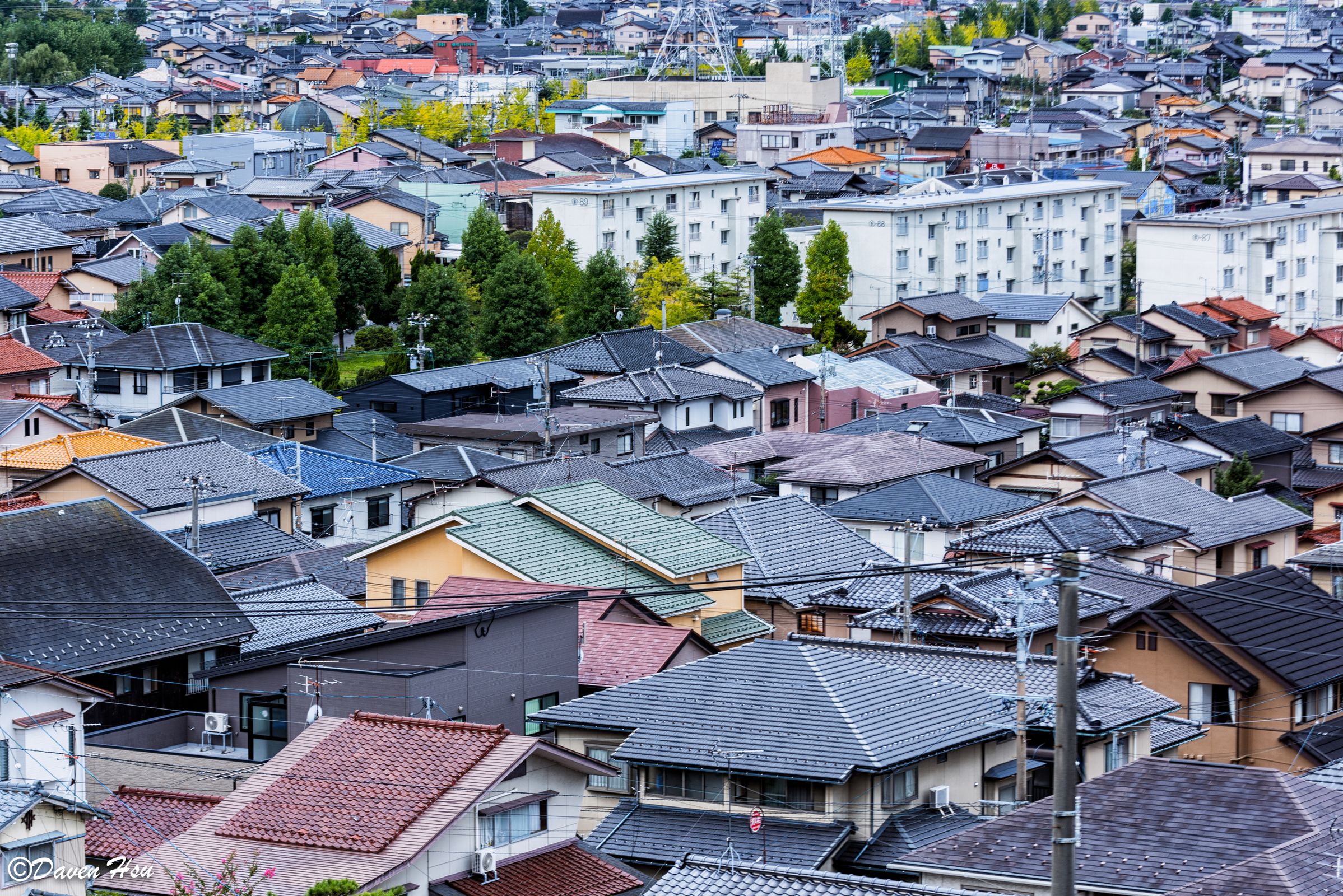 連なる瓦屋根を上から見た住宅密集地。長屋が軒を接して並ぶ密集住宅市街地の様子