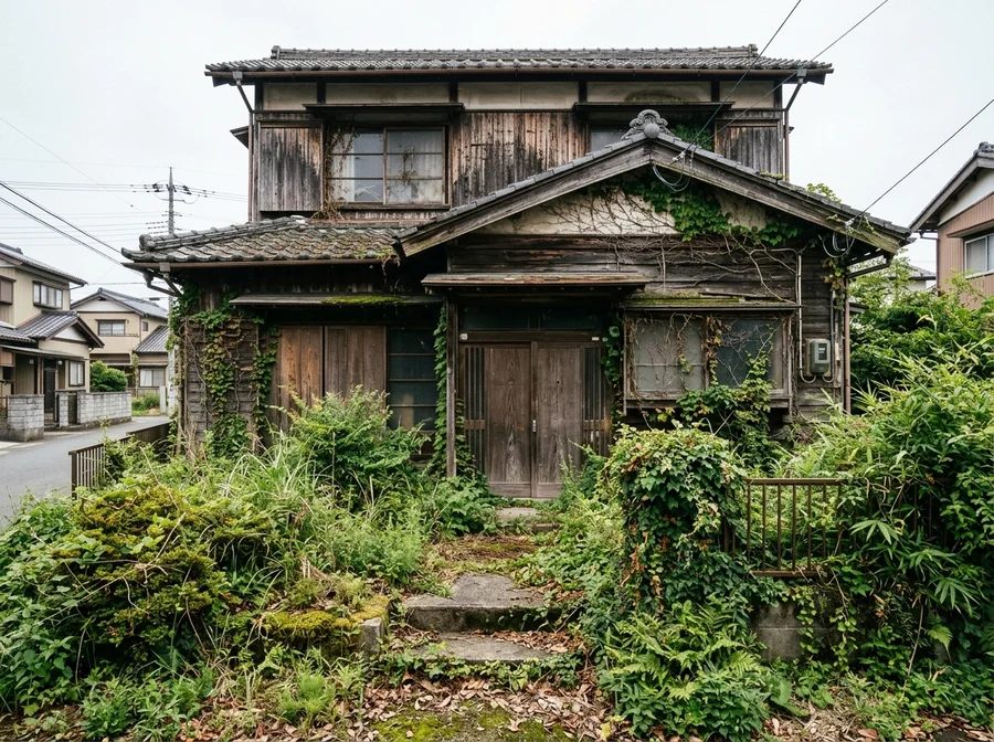 草木に覆われた放置された空き家