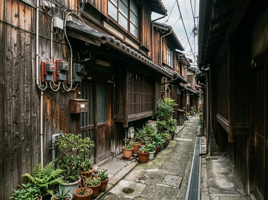 狭い路地に面した古い木造の家