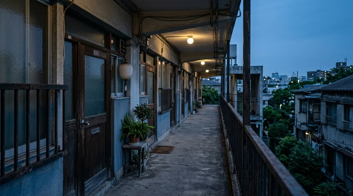 夕暮れの静かなアパートの外廊下