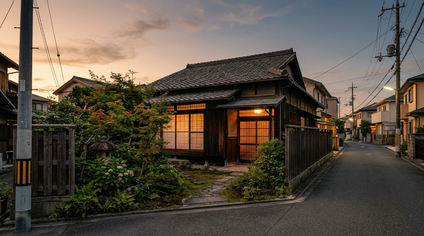 夕暮れの住宅街に建つ日本家屋。窓には温かい灯り