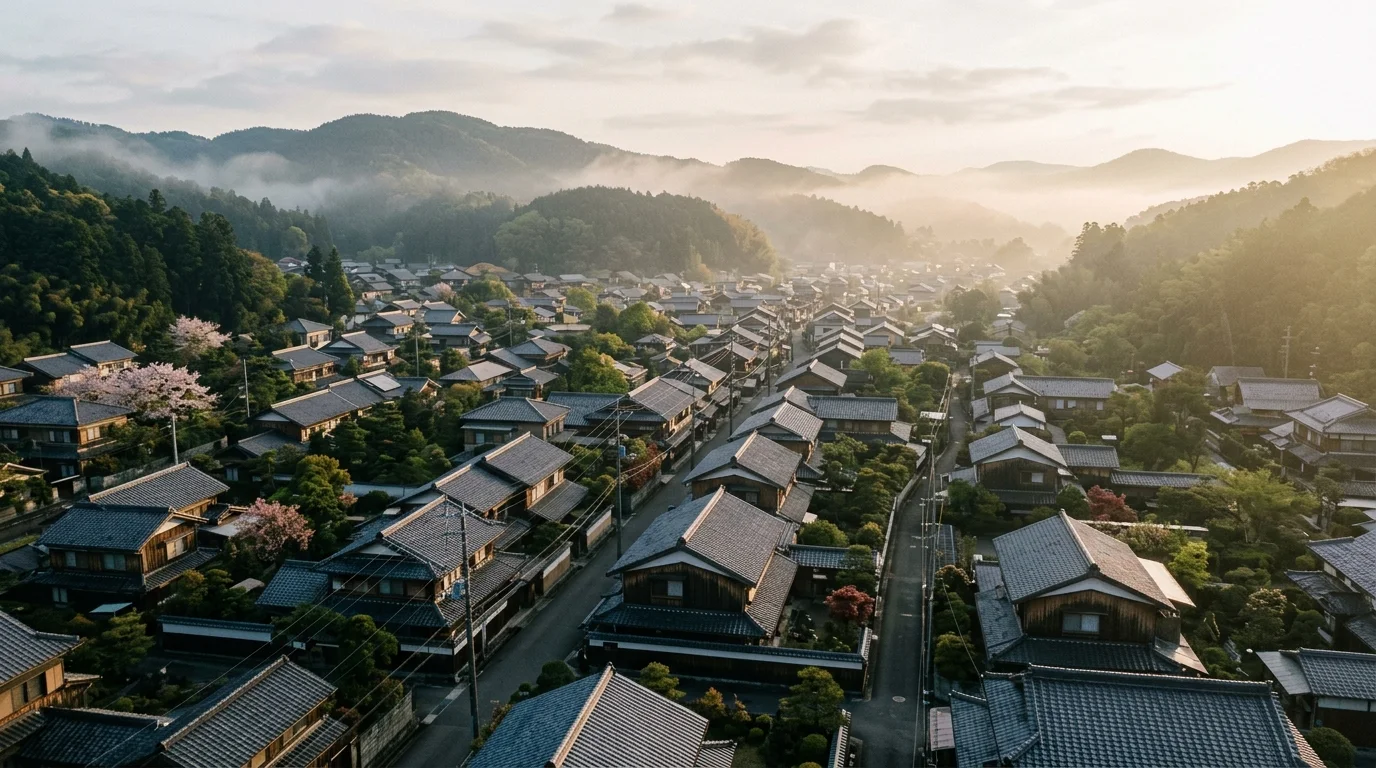 朝もやに包まれた日本の住宅街の街並み