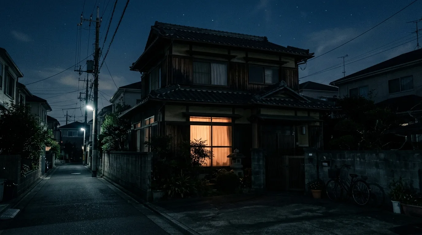 夜の住宅街。窓に温かい灯りがともる家