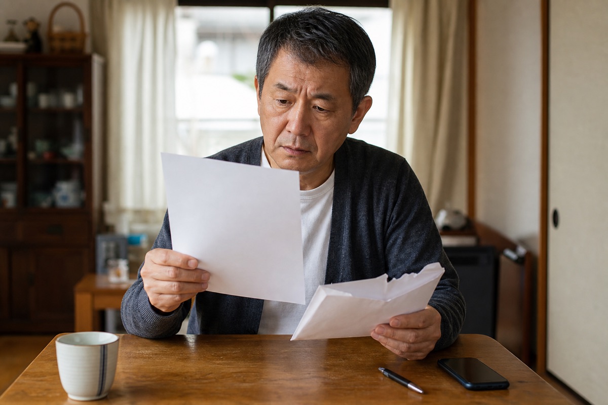 自宅の食卓で届いた封筒を開け、相続人になったことを知らせる通知書を読む男性