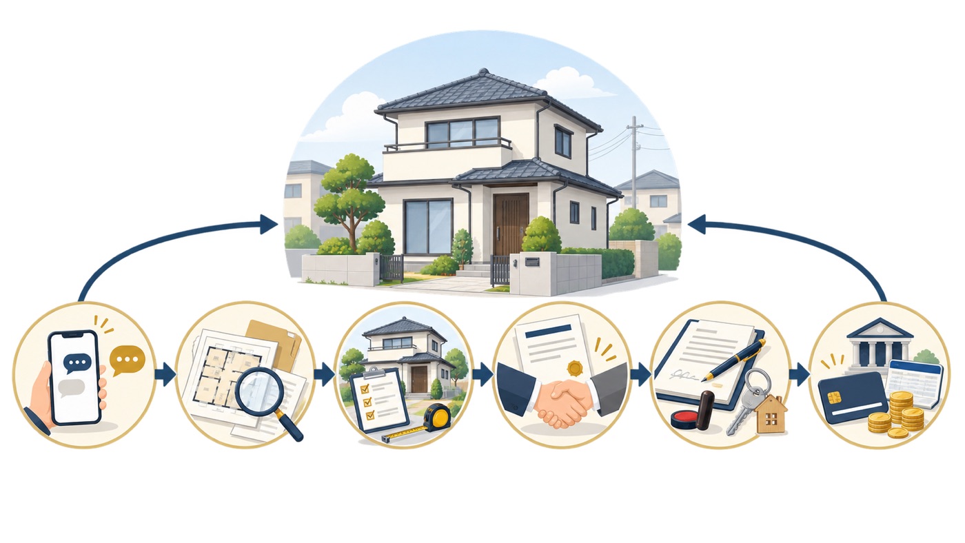 訳あり物件の買取 手続きは全6ステップ｜相談から入金までの順番と日数のイラスト - 空き家のミカタ